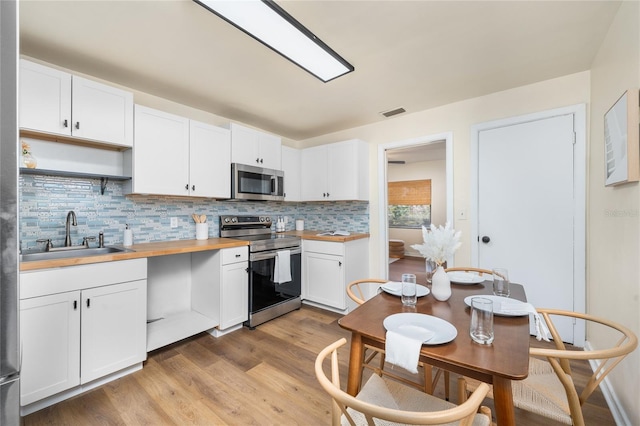 kitchen with appliances with stainless steel finishes, a sink, wood counters, and white cabinets