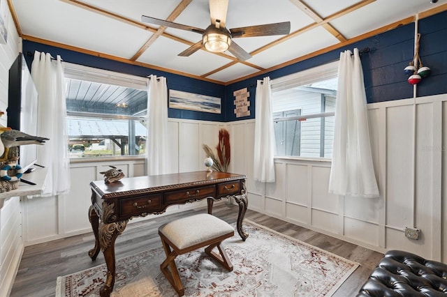 home office with ceiling fan and wood-type flooring