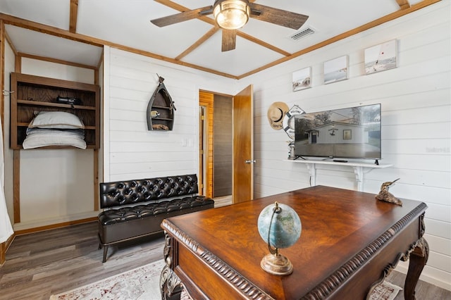 office space with ceiling fan and hardwood / wood-style floors