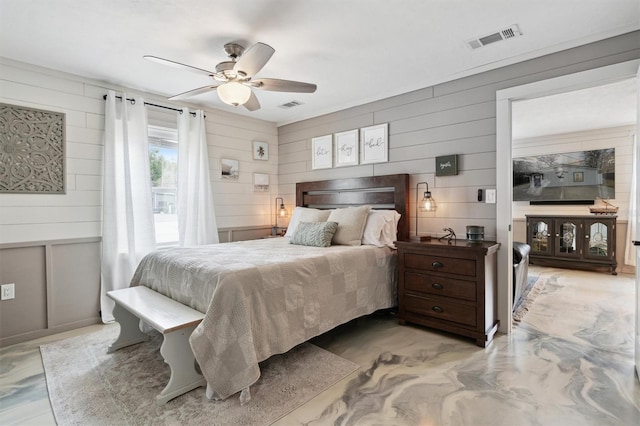 bedroom featuring ceiling fan and wood walls