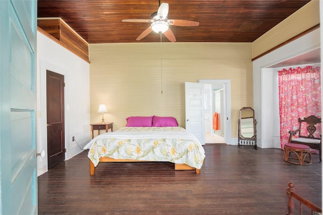 bedroom with ceiling fan, dark hardwood / wood-style flooring, and wood ceiling