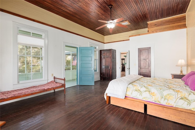 bedroom with ceiling fan and dark hardwood / wood-style flooring