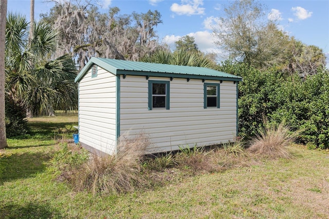 view of outbuilding with a lawn