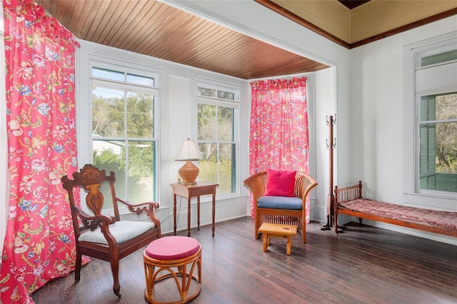 living area with dark wood-type flooring and wood ceiling