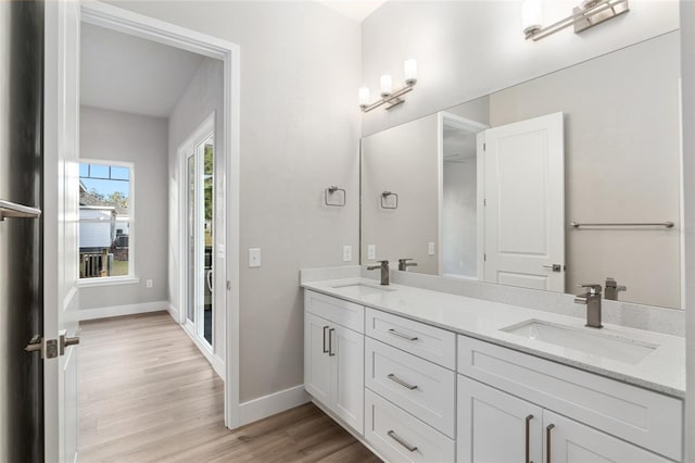 bathroom with vanity and hardwood / wood-style flooring