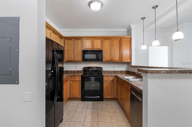 kitchen with black appliances, decorative light fixtures, sink, electric panel, and crown molding