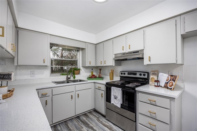 kitchen featuring stainless steel range with electric stovetop, gray cabinetry, and sink