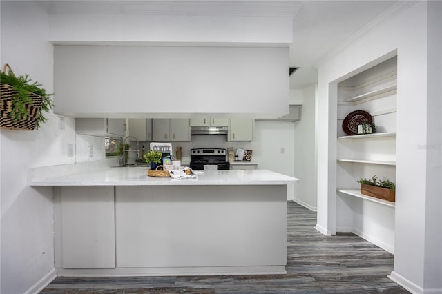 kitchen featuring kitchen peninsula, range with electric cooktop, sink, ornamental molding, and built in shelves