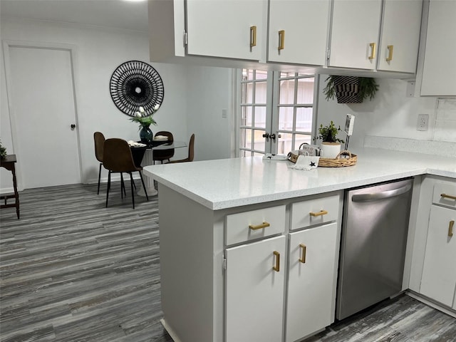 kitchen featuring white cabinetry, dark hardwood / wood-style flooring, french doors, kitchen peninsula, and stainless steel dishwasher