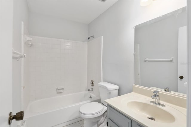 bathroom with toilet, tile patterned flooring, tub / shower combination, and vanity