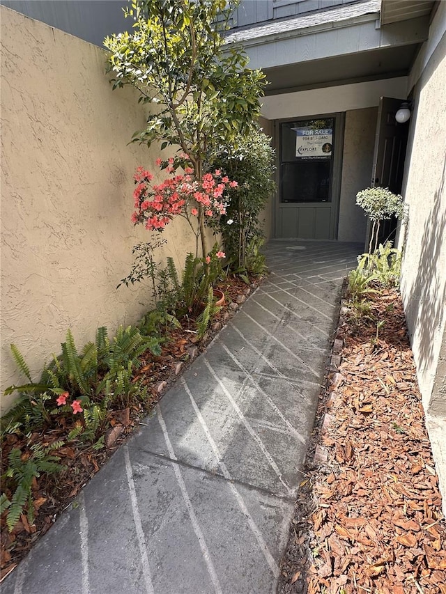 doorway to property with stucco siding