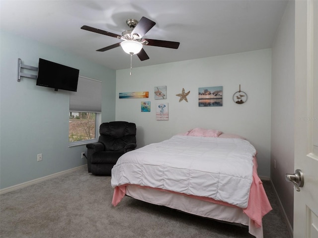 bedroom with ceiling fan and carpet floors