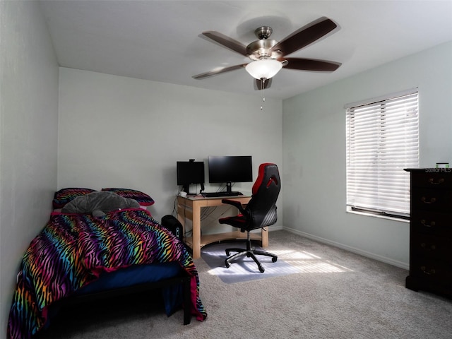 bedroom featuring ceiling fan and carpet flooring