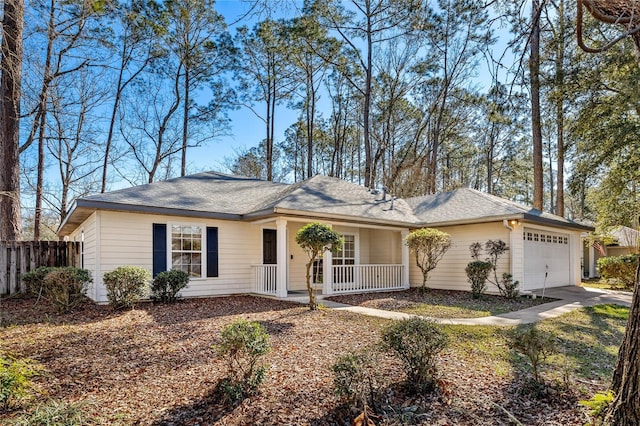 ranch-style home with a garage and covered porch