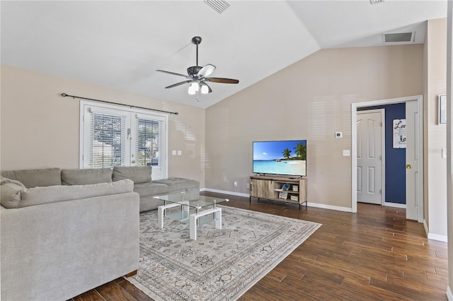 living room featuring lofted ceiling, ceiling fan, and dark hardwood / wood-style floors