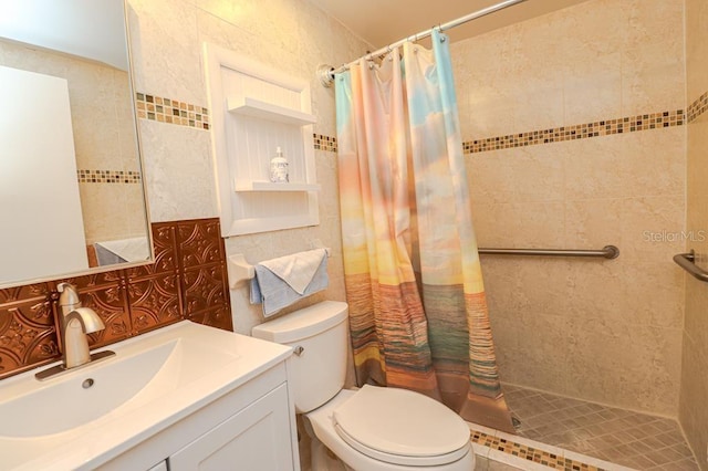 bathroom featuring walk in shower, vanity, backsplash, and toilet