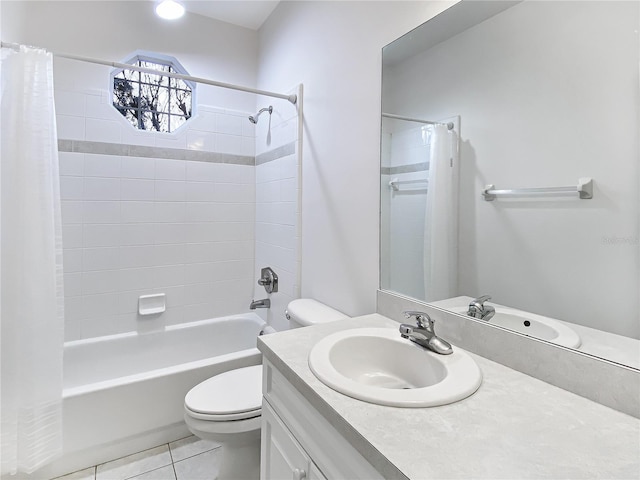 full bathroom with toilet, tile patterned flooring, shower / tub combo, and vanity