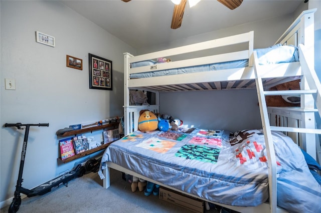 bedroom with ceiling fan and carpet flooring