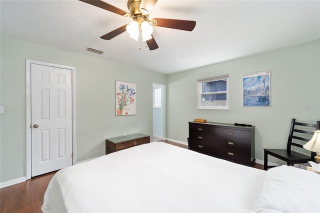 bedroom featuring ceiling fan and dark hardwood / wood-style floors