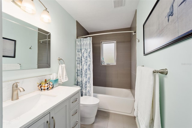 full bathroom with shower / bathtub combination with curtain, tile patterned flooring, vanity, backsplash, and toilet