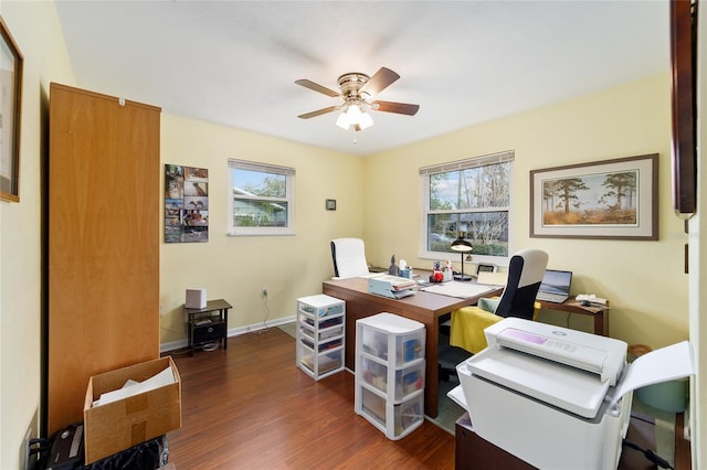 office area with ceiling fan and dark hardwood / wood-style flooring