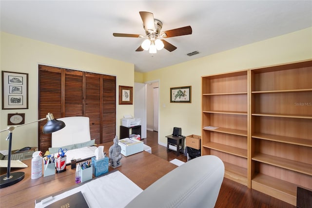 office area featuring ceiling fan and dark hardwood / wood-style flooring