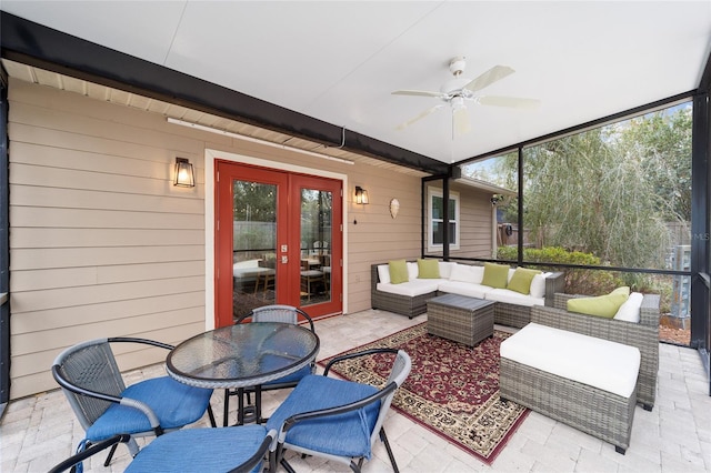 view of patio with ceiling fan, an outdoor hangout area, and french doors