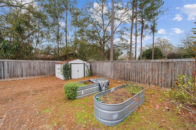 view of yard featuring a storage shed