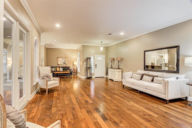 living room with ornamental molding and wood-type flooring