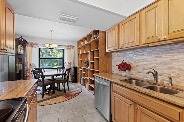 kitchen featuring pendant lighting, sink, appliances with stainless steel finishes, an inviting chandelier, and backsplash