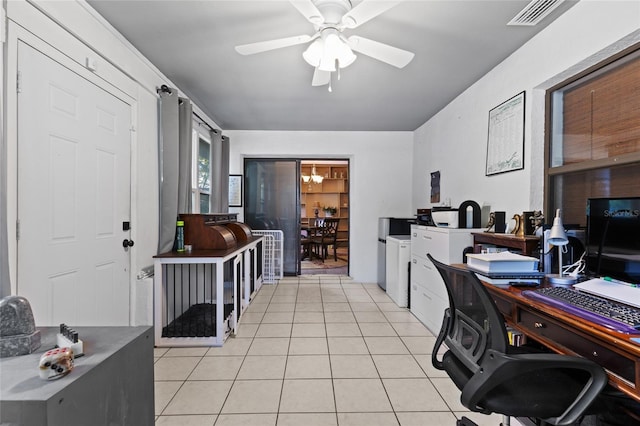 tiled office with ceiling fan