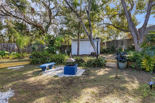 view of yard featuring a storage unit