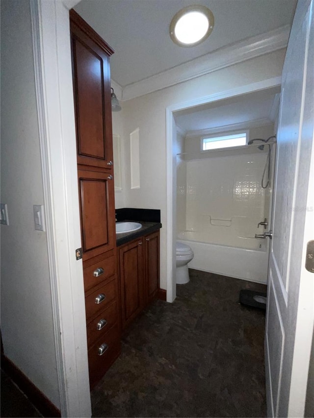 full bathroom with toilet, vanity, shower / bathing tub combination, and ornamental molding