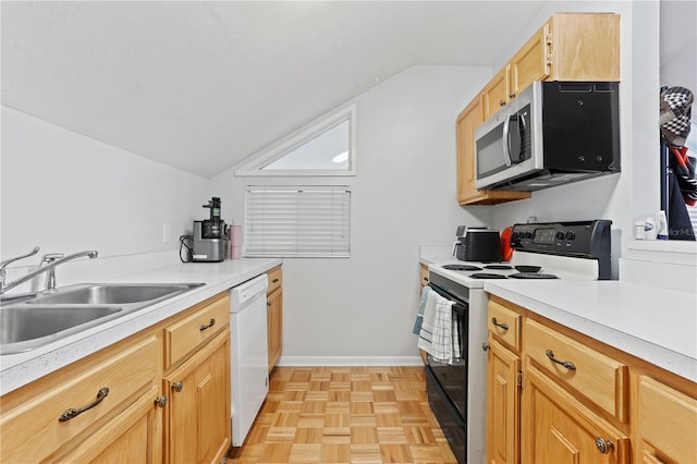 kitchen with range with electric stovetop, lofted ceiling, sink, white dishwasher, and light parquet flooring