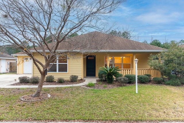 single story home featuring a porch, a garage, and a front lawn