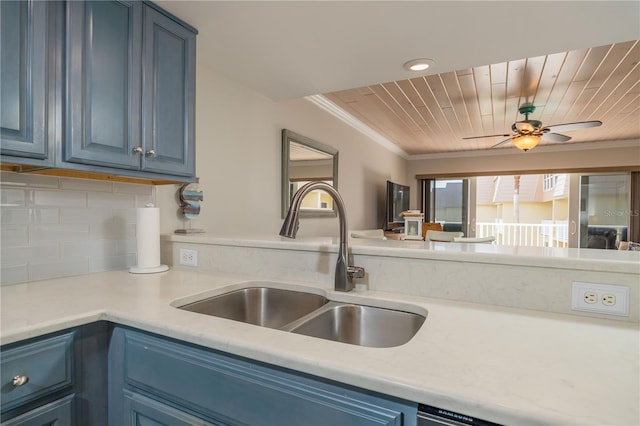 kitchen featuring blue cabinets, sink, crown molding, wood ceiling, and backsplash