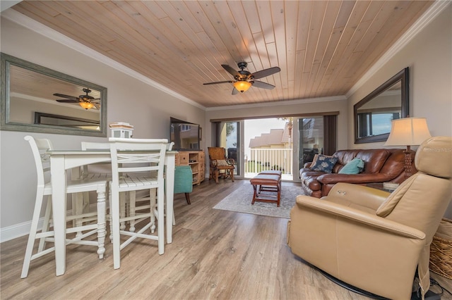 living room featuring crown molding, wood-type flooring, wooden ceiling, and ceiling fan