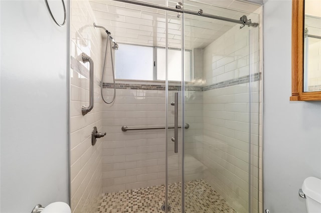 bathroom featuring an enclosed shower and toilet