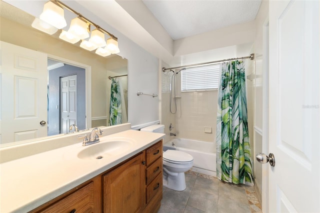 full bathroom with shower / bath combo, vanity, a textured ceiling, and toilet