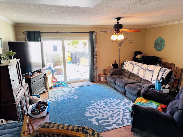 living room with ceiling fan, ornamental molding, wood-type flooring, and a textured ceiling