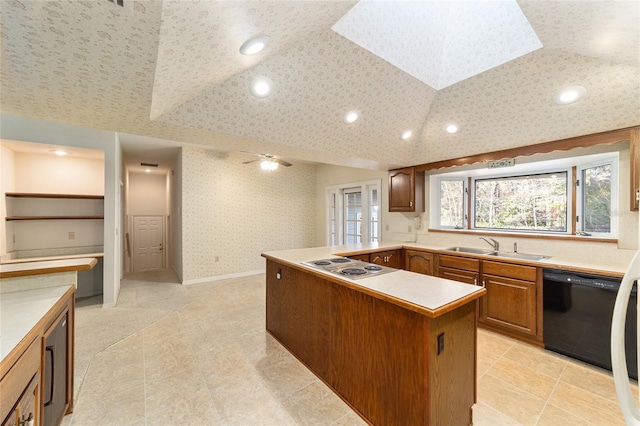 kitchen with lofted ceiling, sink, dishwasher, a kitchen island, and white electric stovetop