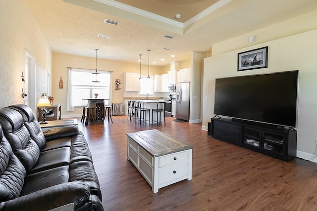 living room with a raised ceiling, ornamental molding, dark wood-type flooring, and sink