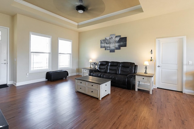 living room with ornamental molding, ceiling fan, dark hardwood / wood-style flooring, and a tray ceiling