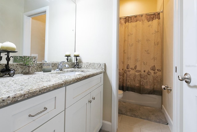 full bathroom with vanity, toilet, tile patterned flooring, and shower / bath combo with shower curtain