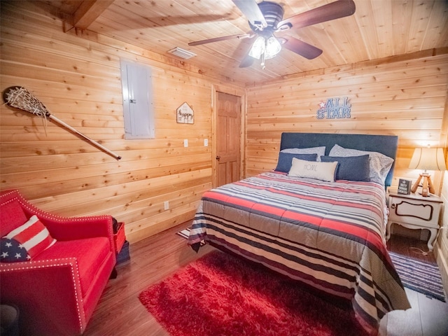 bedroom with wood ceiling, hardwood / wood-style flooring, wood walls, ceiling fan, and electric panel