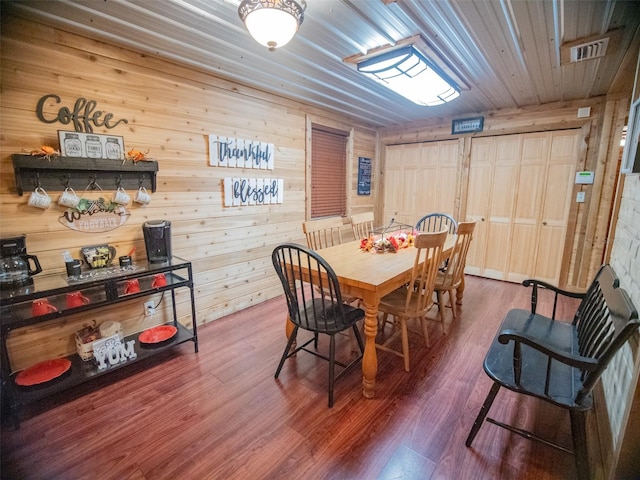 dining space with wooden ceiling, dark hardwood / wood-style flooring, and wood walls