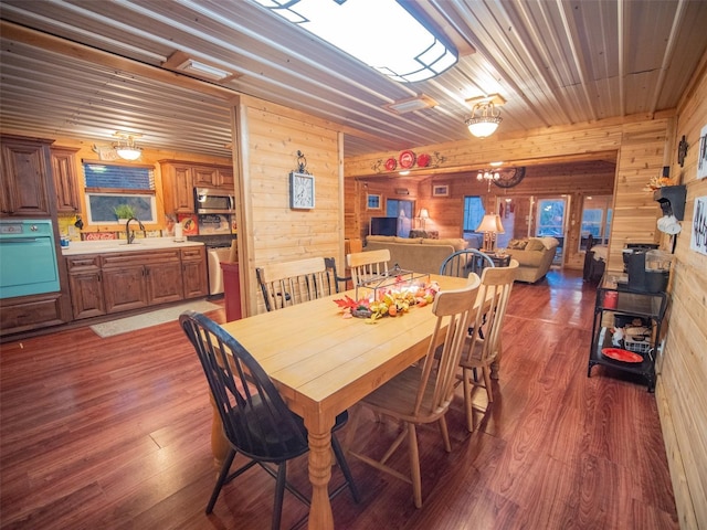 dining room with sink, wood ceiling, wooden walls, and dark hardwood / wood-style floors