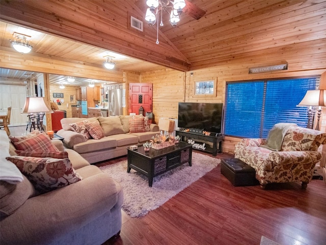 living room with lofted ceiling, wood-type flooring, wood walls, ceiling fan, and wooden ceiling