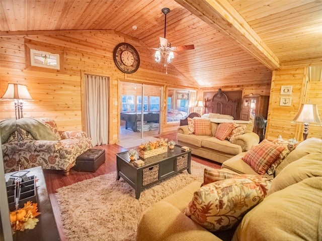 living room with wood ceiling, wooden walls, lofted ceiling, and wood-type flooring