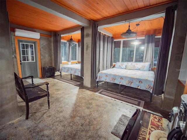 carpeted bedroom with wooden ceiling and a wall unit AC